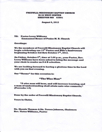 Invite Thumbnail, Free Will M.B. Church Pastor's 13th Anniversary, Friday Speaker Pastor Leroy Williams